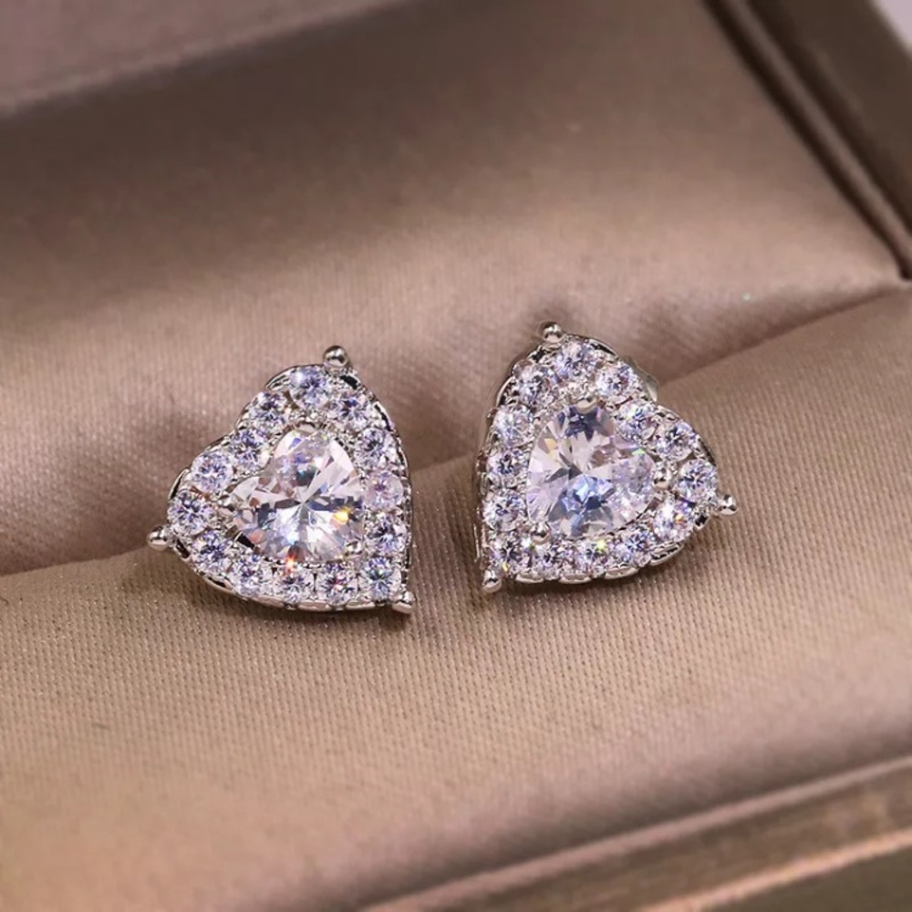 New! Silver CZ Heart Studs - Picture 2 of 8